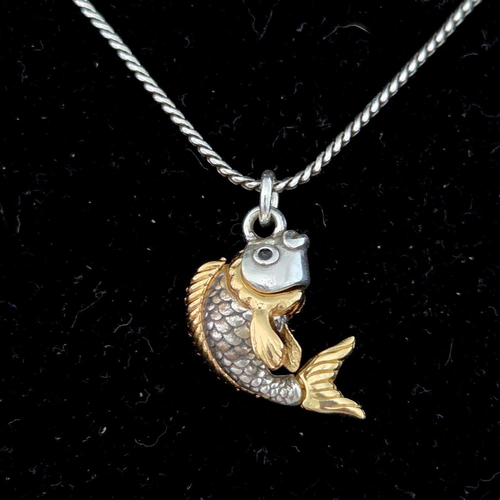 VTG Brighton Two Tone Silver Gold Fish Pendant Necklace Mixed Metal 16-18 Inch